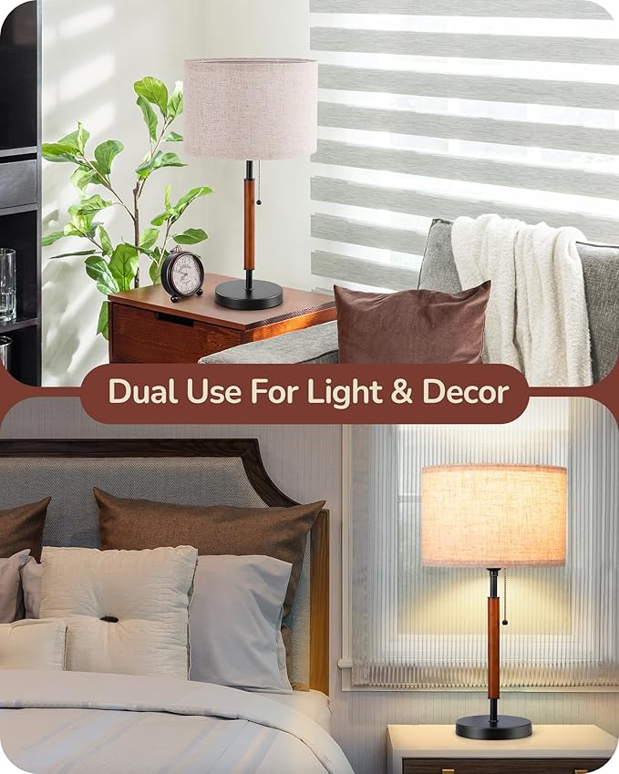 EDISHINE Mid Century Table Lamp, Pull Chain Switch Bedside Lamp with Linen Shade, Solid Wood Pole & Black Metal Base, Modern Nightstand Lamp for Bedroom, Living Room, Office, E26 Base - Bloomnest
