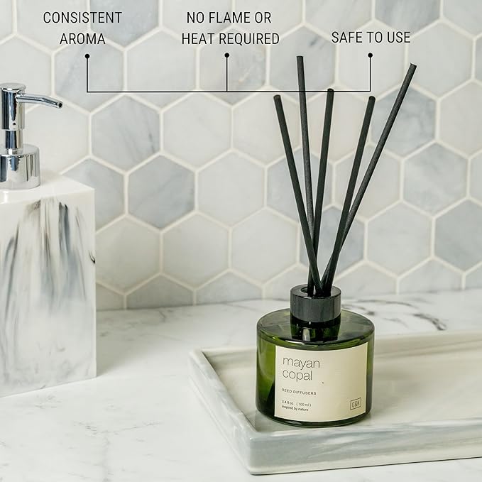 Craft & Kin Mayan Copal Reed Diffuser | All Natural Essential Oil & Rattan Scent Sticks | Winter Reed Diffusers for Home, Bathroom | Long Lasting Home Fragrance in Green Glass, 3.4oz CraftKin
