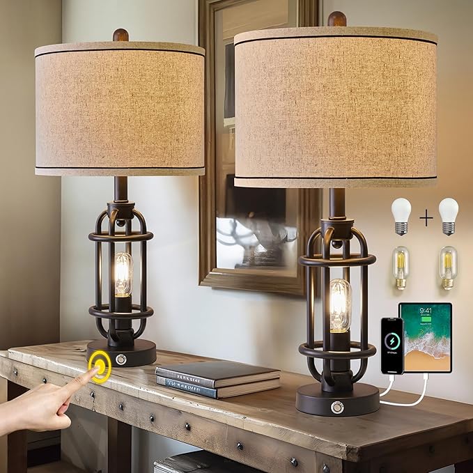 23.75'' Industrial Black Metal Table Lamps Living Room Lamp for Nightstand Bedroom lamps Set of 2 Bedside End Side Table Lamps Home Decor Touch Lamp Modern Lamps With USB Port, Bulbs Included - Bloomnest