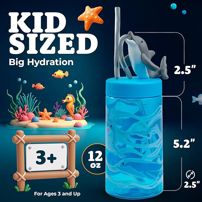 Kids Water Bottle, Toddler Cups, Tumbler with Lid and Straw, Travel Sippy Cup for Water or Milk, Kids Cups with Lids for Toddlers 3 and Up, BPA Free Plastic, 12 oz (Sealife Dolphin) - Bloomnest