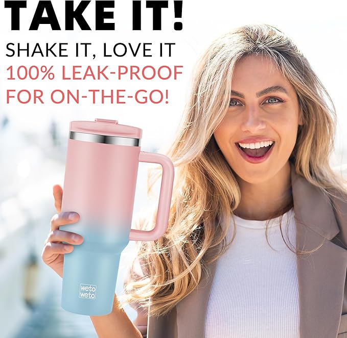 WETOWETO 40oz Tumbler with Handle | Insulated Stainless Steel Travel Mug | 34Hrs Cold & 10Hrs Hot Retention | 100% Leakproof Lid & Straw | Dishwasher Safe + Car Cup Holder Fit (Pink-Blue Gradient) - Bloomnest