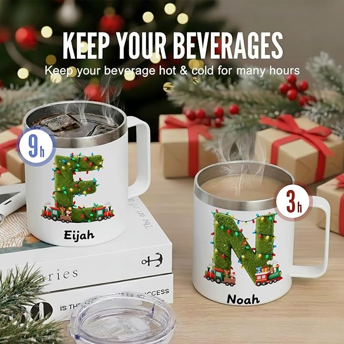 Personalized Kids Christmas Mug with Name, 12oz Insulated Tumbler with Handle, Custom Train Initial Cup, Holiday Xmas Gift for Boys, Son, Toddler Stocking Stuffer(B05) - Bloomnest