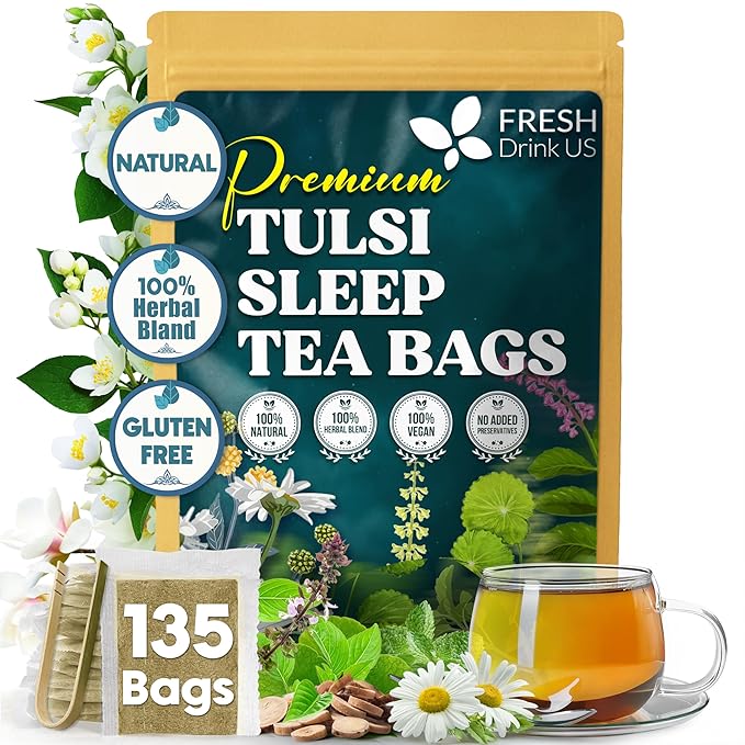 FreshDrinkUS, Tulsi Sleep Tea Bags | 135 Tea Bags | Herbal Blend with Tulsi Holy Basil, Chamomile, Gotu Kola, Ashwagandha & Peppermint | Naturally Caffeine-Free, Relaxing Evening Herbal Tea. Vegan - Bloomnest