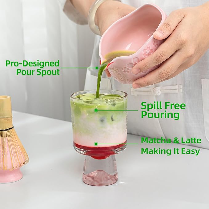 TEANAGOO 7-PCS Pink Matcha Whisk Set with Cherry Blossom Design, Complete Ceremony Kit, Ceramic Chawan Bowl with Spout, Whisk & Accessories, Traditional Matcha Tea Set for Lattes& Gift Giving - Bloomnest