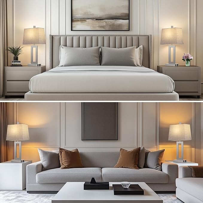 Touch Control Table Lamp Set of 2, Modern Silver Bedside Lamps with USB C+A Ports & AC Outlet, 3 Way Dimmable Bedroom Lamps for Night Stands Bedroom Living Room,Nightstand Lamp - Bloomnest