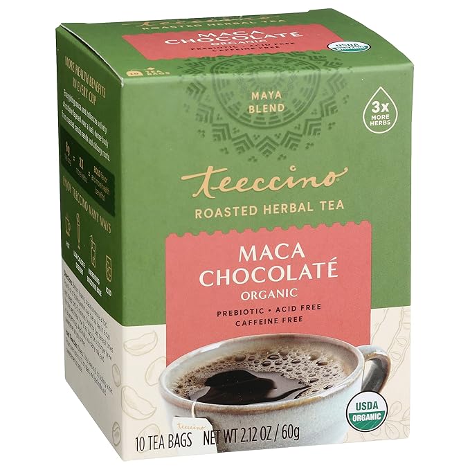 Teeccino Maca Chocolaté Herbal Tea - Rich & Roasted Herbal Tea That’s Caffeine Free & Prebiotic with Natural Energy from Adaptogenic Peruvian Maca, 10 Tea Bags (Pack of 6) - Bloomnest