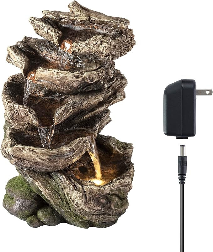 Alpine Corporation WIN1180 11" Indoor Tabletop Waterfall Fountain with LED Lights, 5 Tier Rainforest Garden Fountain, Brown - Bloomnest