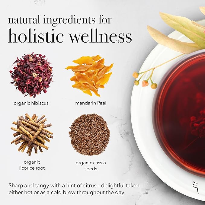 qìsane Organic Hibiscus Tea Bags with Mandarin Peel - Loose Leaf Hibiscus Tea, Organic Licorice Root, Cassia Seeds - Tangy Citrus Flavor to Help Support Strain and Tension - 10 sachets (~30 cups) - Bloomnest