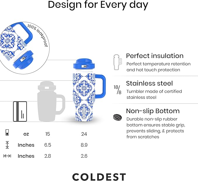 Coldest Tumbler with Handle and Coffee Lid - 100% Spill Proof Tumbler with Straw (3 Lids) - Stainless Steel Insulated Leakproof Tumblers for Women & Men - Cup Holder Friendly - 24 oz (The European) - Bloomnest