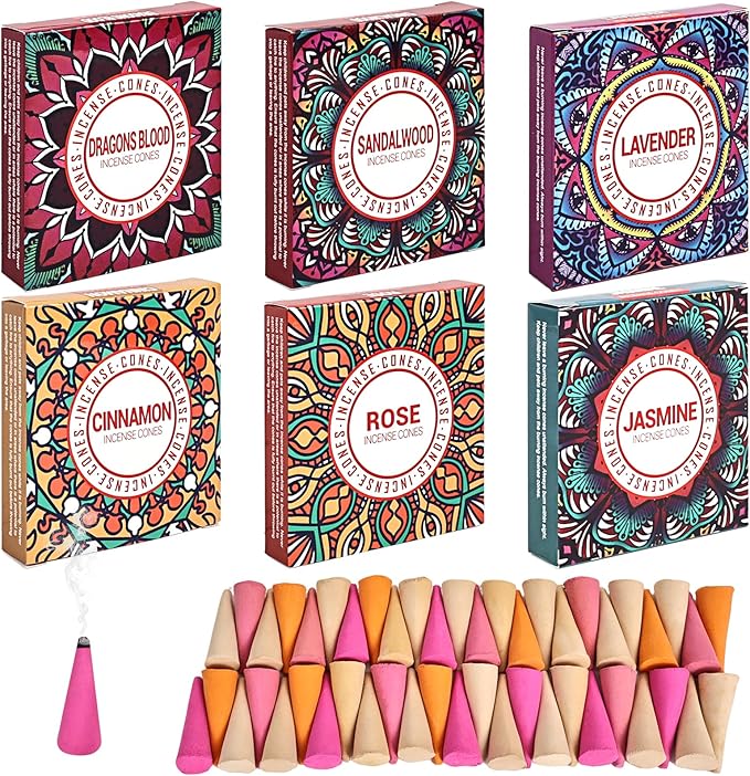 Incense Cones Set - Lavender, Jasmine, Sandalwood, Cinnamon, Rose, Dragons Blood for Meditation & Yoga
