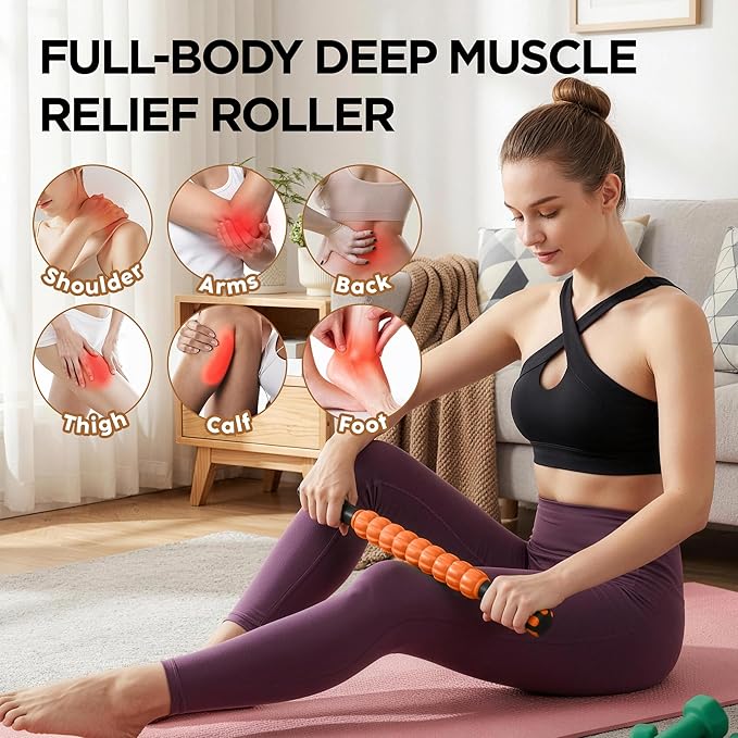 Muscle Roller & Massage Roller Stick for Athletes - Lymphatic Drainage Support, Relieves Muscle Soreness, Cramping & Tightness - Targets Legs, Arms, Back & Calves （Orange - 18inch） - Bloomnest
