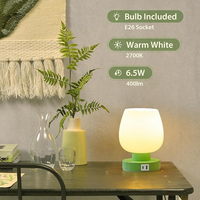 Touch Bedside Table Lamp with USB Charging - Modern Green Small Lamp for Bedroom Living Room Nightstand, Desk lamp with Glass Lamp Shade, Warm LED Bulb Included, 3 Way Dimmable, Simple Design - Bloomnest