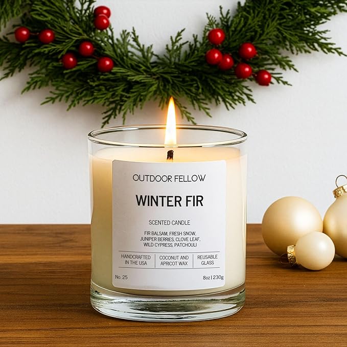 Outdoor Fellow Winter Fir Candle | Luxury Scented Candle with Coconut & Apricot Wax Blend | Fir, Juniper & Cypress Notes | 40+ Hour Burn Time | Cozy Fragrance for Home (8oz) - Bloomnest
