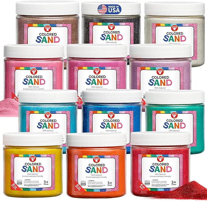 Hygloss Colored Sand for Crafts - 12 Assorted Colors 6-Ounce Vibrant Colorful Fine Sensory Play Sand Art Kits for Kids - Classroom Activities for Children 3 4 5 6 7 8 9 10 11 12 - Safe for Ages 3+ - Bloomnest