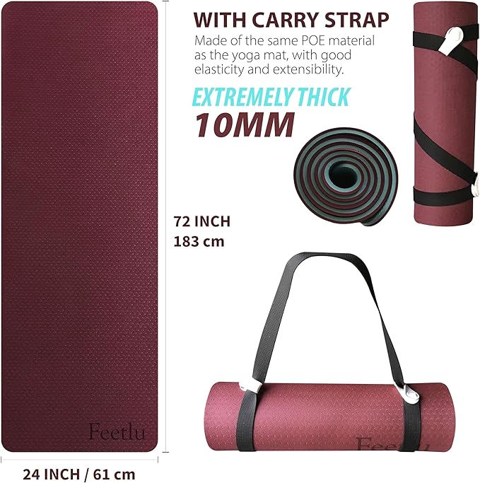 Extra Thick Exercise Yoga Mat with Strap - 2/5 Inch (10MM), Non-Slip Workout Mat for Yoga, Pilates, and Floor Exercises - Bloomnest