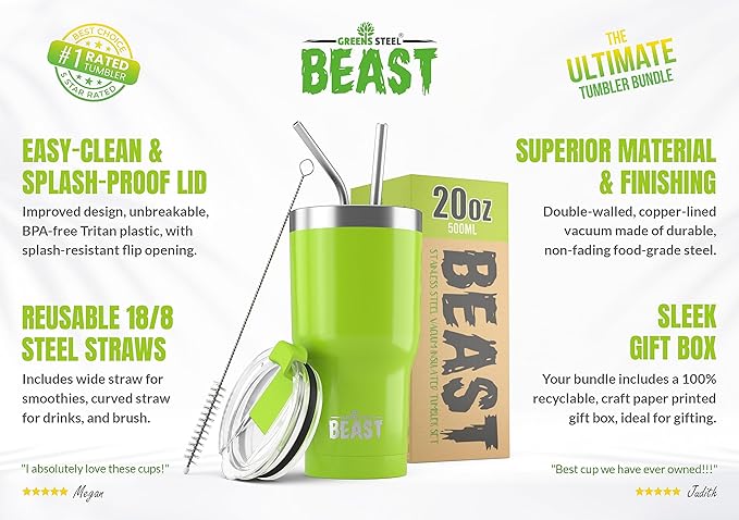 Beast 20 oz Tumbler Stainless Steel Vacuum Insulated Coffee Ice Cup Double Wall Travel Flask (Lemongrass Green) - Bloomnest
