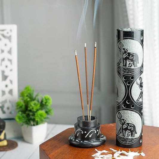 Crocon Handmade Black Marble Incense Stick Tower Burner Round Shape Jali Design Incense Tower Burner | Tea Light Candle Holder | Living Room Decor Home Fragrance Decorative Gift Size 3X3X10 Inch - Bloomnest