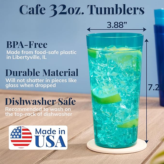 US Acrylic Café Plastic Reusable Tumblers (Set of 12) 32-ounce Iced-Tea Cups, Assorted | Value Set of Restaurant Style Drinking Glasses, Stackable, BPA-free, Made in the USA | Top-rack Dishwasher Safe - Bloomnest