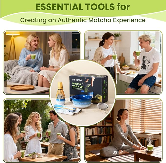 Matcha Whisk Set, Ceramic Matcha Set, Matcha Bowl, Matcha Whisk and Holder, Bamboo Scoop, Scoop Rest, Sifter and Tea Towel - 7 Pcs Matcha Kit for Lovers Family Birthday Gift (Blue) - Bloomnest