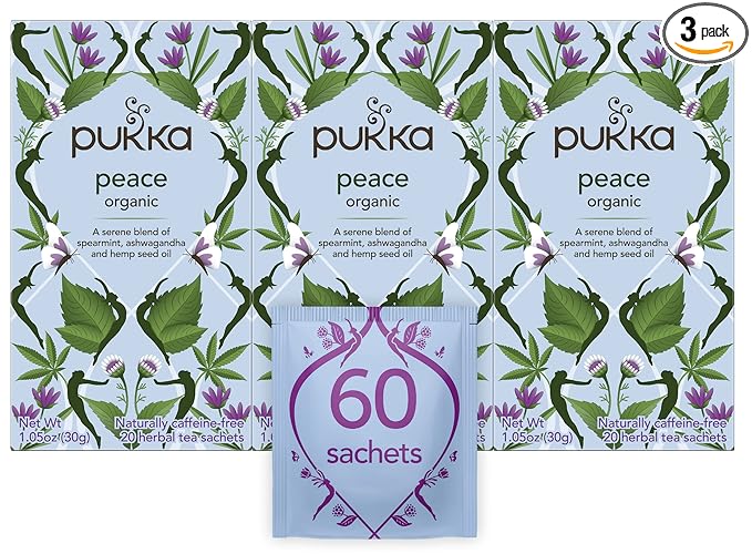 Pukka Organic Tea Bags, Spearmint, Ashwagandha, and Hemp Seed Oil, Peace Herbal Tea, 20 Count (Pack of 3) - Bloomnest