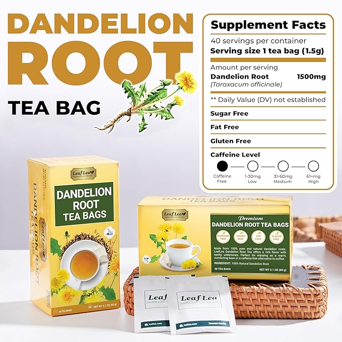 LeafLea 80 Dandelion Tea Bags, All Natural and Pure Dandelion Root Tea, Supports Digestion & Immune Health, Individually Wrapped Tea Bags, Caffeine-Free, Vegan, No Sugar, Gluten-Free, Non-GMO, 2 Pack - Bloomnest