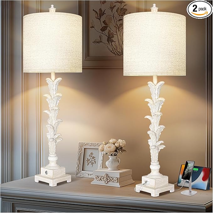 Vintage Table Lamps Set of 2, 3-Way Dimmable Touch Buffet Lamps with 2 USB Ports, 33'' Bedside Nightstand Lamps with Linen Shades, Rustic Farmhouse Table Lamps for Living Room Bedroom, Washed White - Bloomnest