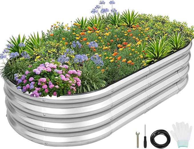 1MORE Galvanized Raised Garden Bed- Planter Garden Boxes Outdoor, Raised Beds for Gardening, 4x2x1ft Metal Garden Bed Kit for Vegetables Flower, Planter Raised Bed with Protective Tape & Tools.Silver - Bloomnest
