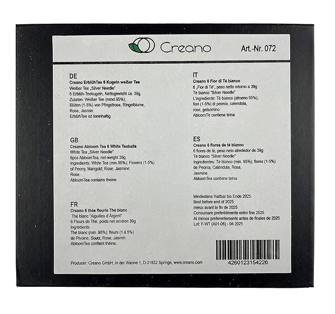 Creano Blooming Tea Mix 6pcs Flowering Tea White Tea in Elegant Magnetic Box with Silver Embossing