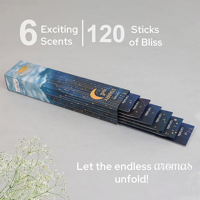 Carnatia Starry Spell Incense Sticks – Set of 6 Mystical Scents, 120 Premium Sticks for Creativity, Focus, Manifestation & Meditation | Natural, Slow-Burning for Spiritual Rituals & Self-Care!