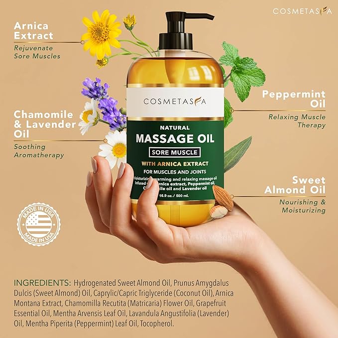 Cosmetasa Sore Muscle Massage Oil for Massage Therapy – All Natural, Cruelty-Free Full Body Massage Oils for Muscle Relaxing & Joint Comfort – Arnica Extract with Chamomile & Lavender Oil (16.9 oz)