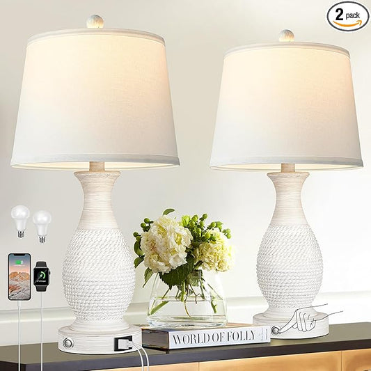 PARTPHONER Set of 2 Table Lamps with USB C+A Fast Charging Ports, 26" Tall Farmhouse Living Room Lamp with 3-Way Dimmable Nightstand Lamp White Fabric Shade for Living Room Bedroom Home Office - Bloomnest