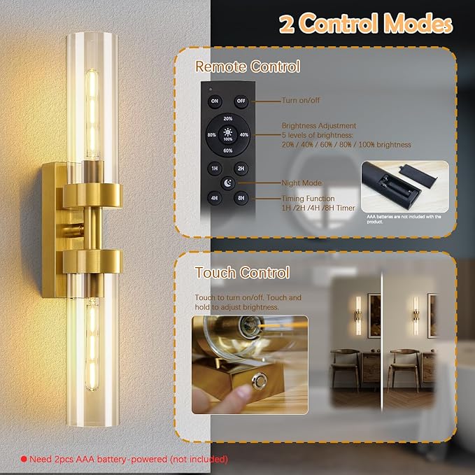 Rechargeable Wall Sconces Set of Two with Remote, Gold Battery Operated Wall Sconce with Clear Glass, Sconces Wall Decor Set of 2 Wall Light Fixtures for Bedroom Bathroom Mirror Living Room - Bloomnest