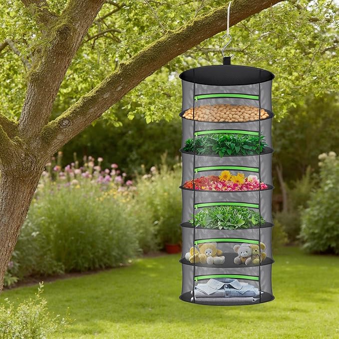 Herb Drying Rack with Mesh Design - Hanging Herb Dryer with Green Zipper for Garden, Home, Indoor or Outdoor Use (6layer) - Bloomnest