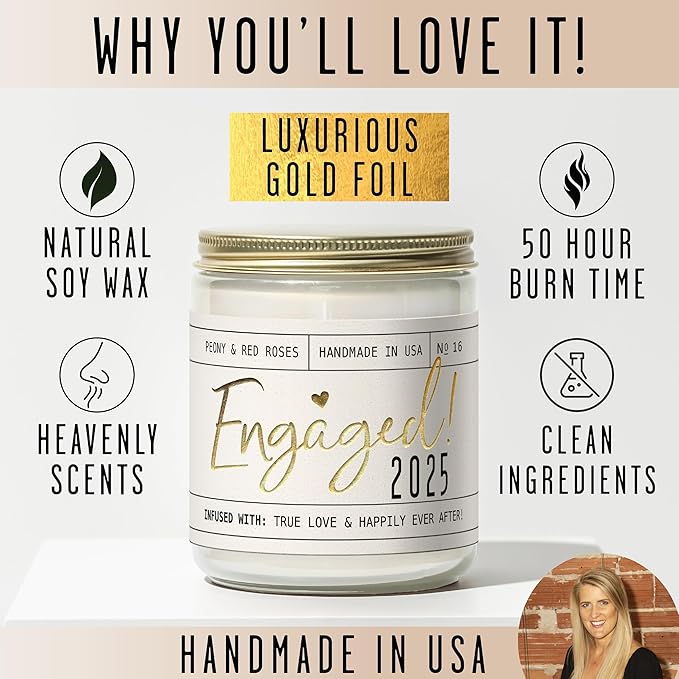 Engagement Gift, Engagement Gifts for Couples -'Engaged 2025' Candle, w/Peony & Rose Wedding Bouquet I Fiance Gifts for Women I Engaged Gift for Her I 50Hr Burn, USA Made - Bloomnest