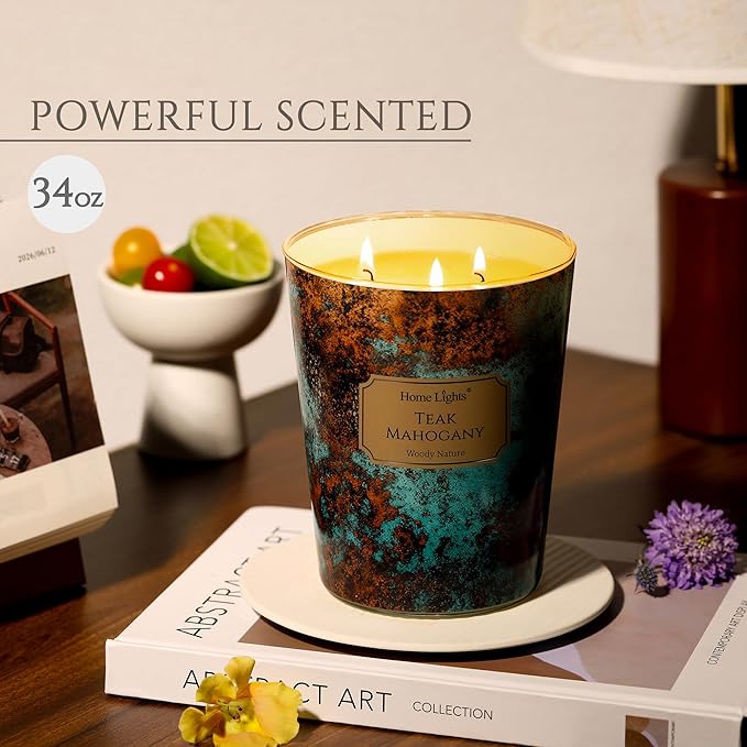 HomeLights Large jar Candle | 3-Wick Long-Lasting Scented Candles, 34oz Natural Soy Wax Candle for Home Scented, Industrial Chic Gifts for Women & Men, Teak Mahogany - Bloomnest