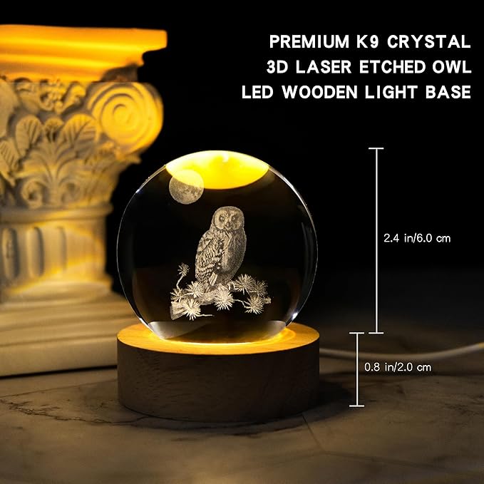 3D Laser Etched Owl Crystal Ball with LED Stand, Glass Owl Animal Figurine Lamp Night Light Gifts for Women Kids(2.4 in) - Bloomnest