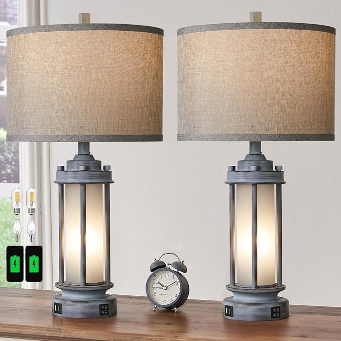 Set of 2 Rustic Table Lamps for Living Room, Farmhouse Vintage Nightstand Lamp with 2 USB Ports, Antique Retro Light Green Glass Night Light for Bedroom Entryway, 4 Bulbs Included - Bloomnest