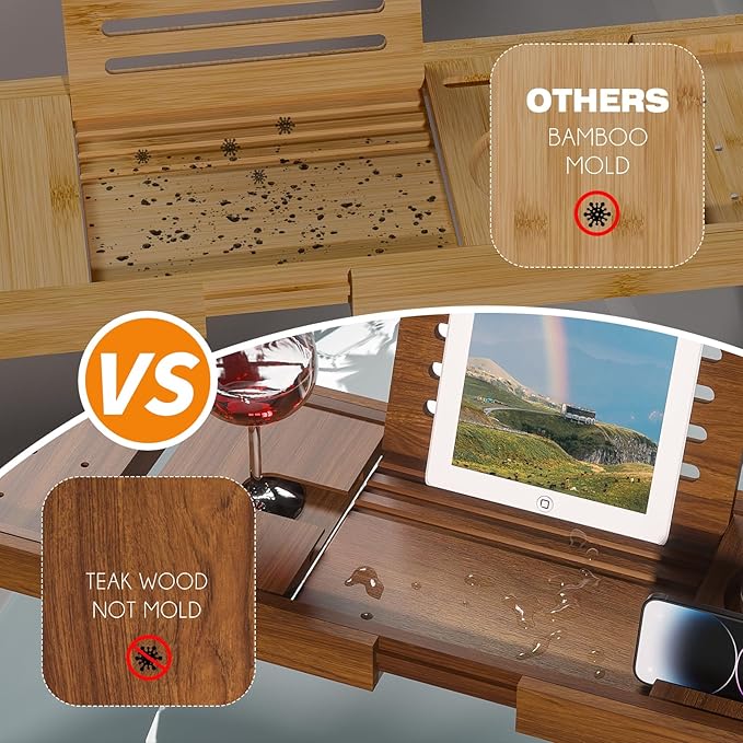 Wooden Bathtub Tray for Luxury Bathroom, Expandable Premium Teak Bath Tray, Adjustable Bath Accessories for Tub, as Unique Housewarming, Holiday, Birthday Gifts - Bloomnest