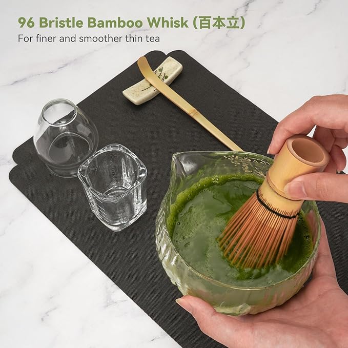 10-Pcs Matcha Whisk Set Kit, Whisk and Bowl with Spout & Measuring Spoon & Cup, Japanese Matcha Tea Making Tools, Transparent Textured Glass - Bloomnest