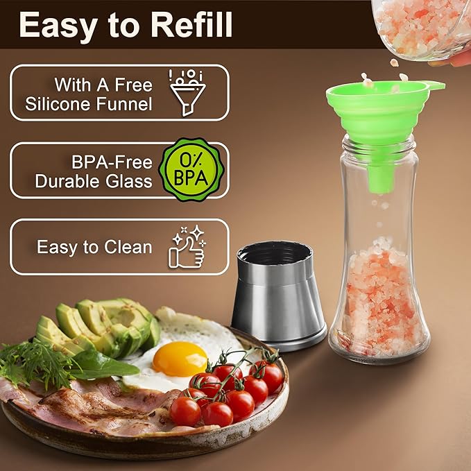 Premium Stainless Steel Sea Salt and Pepper Grinder Set of 2 - Adjustable Ceramic - Tall Glass Salt and Pepper Shakers - Pepper Mill & Salt Mill W/Funnel (2.6"W x 7.5"H) - Bloomnest
