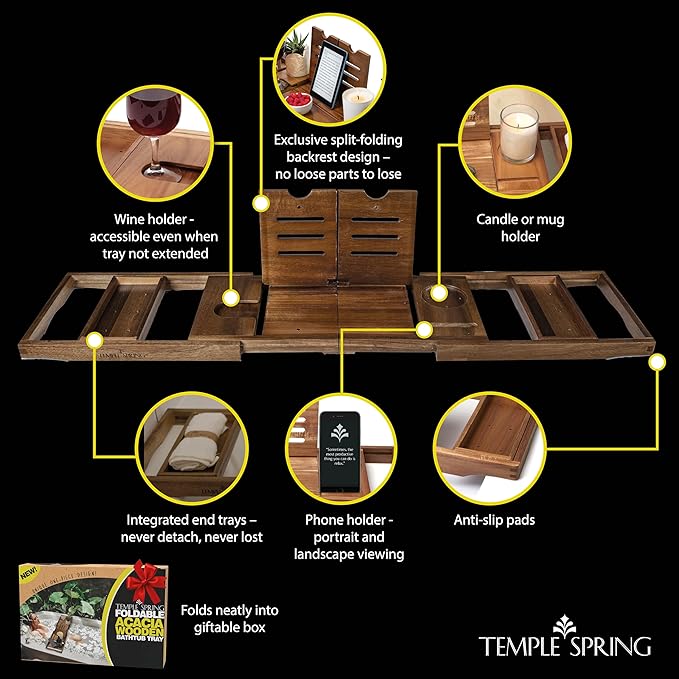 Temple Spring Foldable Bathtub Tray, Unique Design Selfcare Bathroom Caddy, Acacia Spa Bathroom Tray, Wooden Bathtub Accessories, Wedding Gift/Birthday Gift/New Home Bath Table – Not Teak - Bloomnest