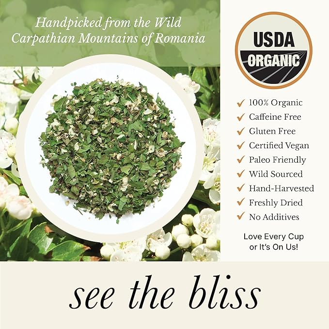 Wild Bliss Organic Hawthorn Loose Leaf and Flower Tea - Caffeine Free Heart Health Herbal Support - 1.76 Oz - 25 Servings - Bloomnest