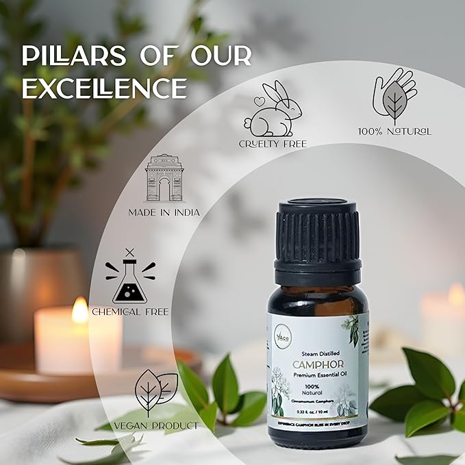 My Ace Camphor Essential Oil 0.33 Fl Oz – 100% Natural, Steam Distilled Camphor Oil – for Diffuser, Aromatherapy, Skin & Hair Care – Highly Concentrated – Includes Dropper MyAce