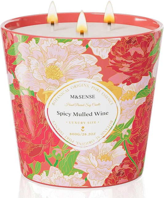 M&SENSE Spicy Mulled Wine Scented Candle, 28.2oz 3 Wick Natural Soy Wax Large Candles, Long Lasting Clean Slow Burning No Toxic Décor for Home Relaxation, Romantic Dates & Gift-Giving - Bloomnest