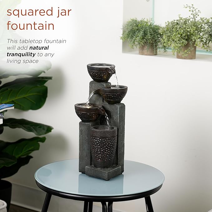 Alpine Corporation TZL412 14" Stoned Jar Cascading Water Fountain with LED Lights – Elegant Tabletop Water Feature for Home, Office, Living Room, Bedroom, and Desk Décor, Gray - Bloomnest