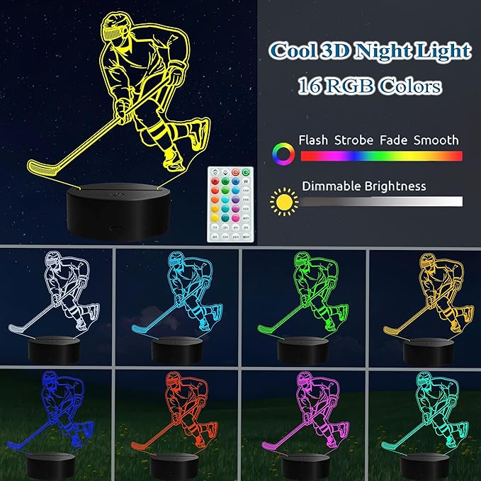 Hockey Night Light, Ice Hockey Gifts, 3D Illusion Lamp with Remote Control, 16 RGB Colors, 4 Flashing Modes, Timer, Dimmable, Kids Room Hockey Decoration Gifts for Holiday Birthday Christmas - Bloomnest