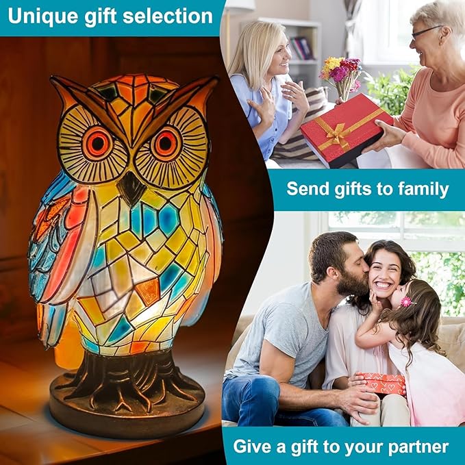 Tiffany Style Owl Table Lamps - Hand-Drawn Vintage Resin Colorful Tiffany Owl Lamp for Bedroom Living Room Nursery Office, Whimsical Animal Desk Lamp, Unique Gift for Mom. - Bloomnest