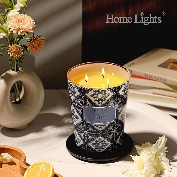 HomeLights Lilac Blossom Scented Candles | 34oz Soy Candles Bohemian Natural Textures 3-Wick Large Candle Jars | Ideal Candle Gifts for Events, Home Decor Stress, Relief & Relaxation - Bloomnest