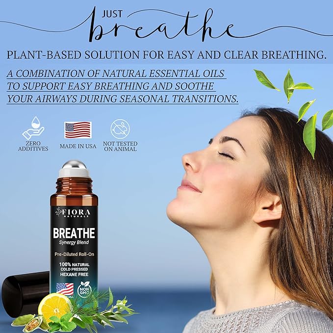 Fiora Naturals Breathe Essential Oil Roll-On Blend - 100% Pure Eucalyptus, Peppermint & Tea Tree Oil Aromatherapy Blend. Therapeutic-Grade - Bloomnest