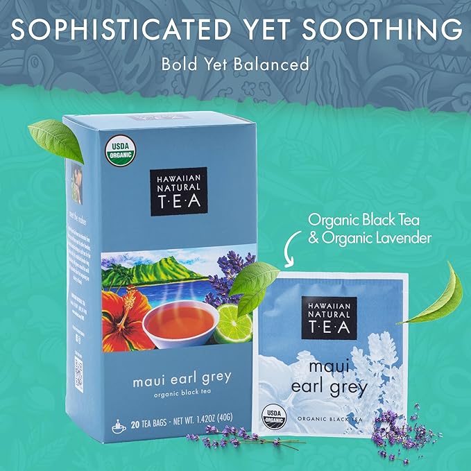 Hawaiian Natural Tea Organic Maui Lavender Earl Grey Bags - Premium Black Tea, Antioxidant Rich - 20 Bags - Bloomnest